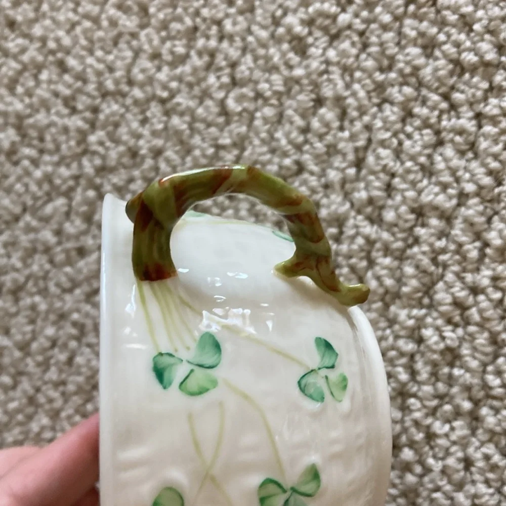 Belleek Small Tea Cup Saucer Green Cream Setting Vintage Ireland Like New